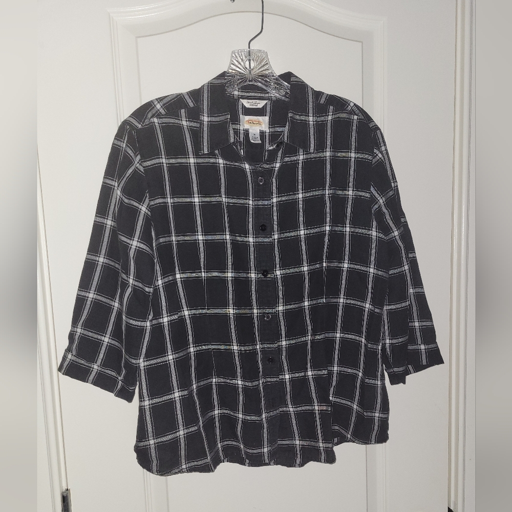 Talbots Linen & Cotton Blend Black & White Plaid Buttonup Shirt